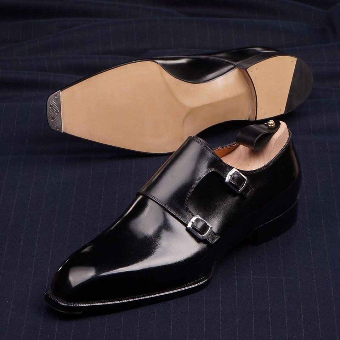 Classic pure black men's double buckle monk shoes