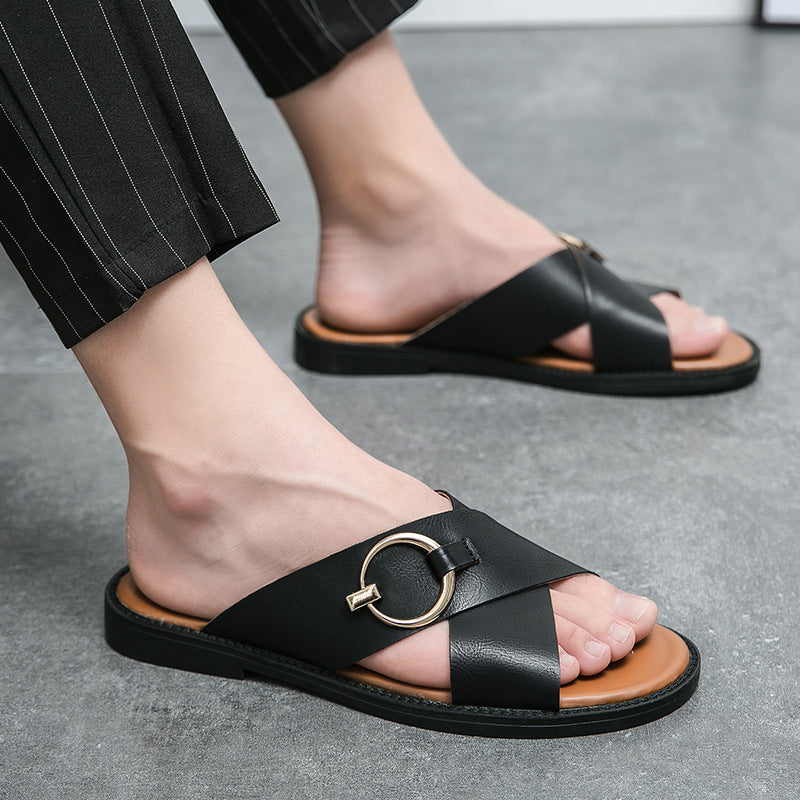 Black leather handmade non-slip sandals