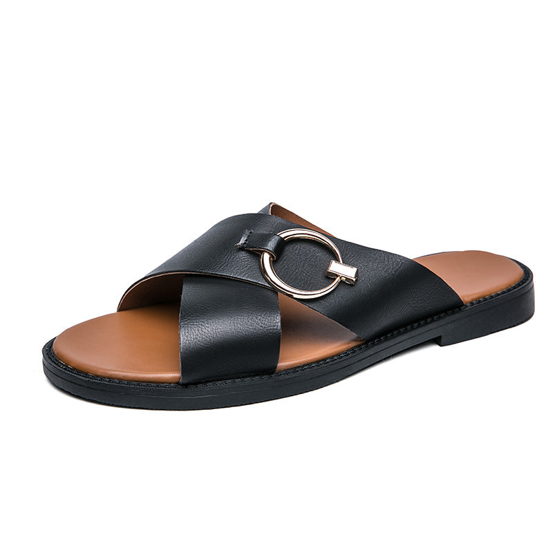 Black leather handmade non-slip sandals