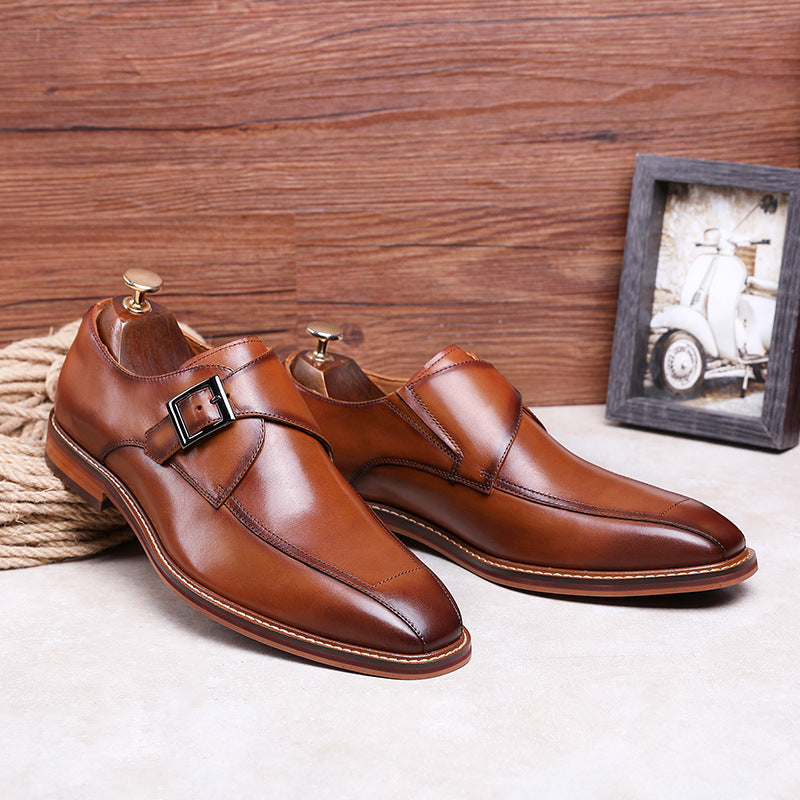 Leather Business Formal Square Toe Buckle Casual Monk Shoes