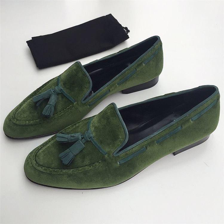 Handmade dark green classic tassel moccasin shoes