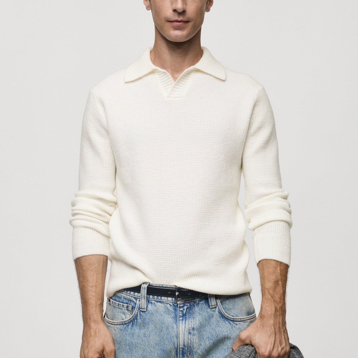 Knitted polo sweater with squared structure 1024112924