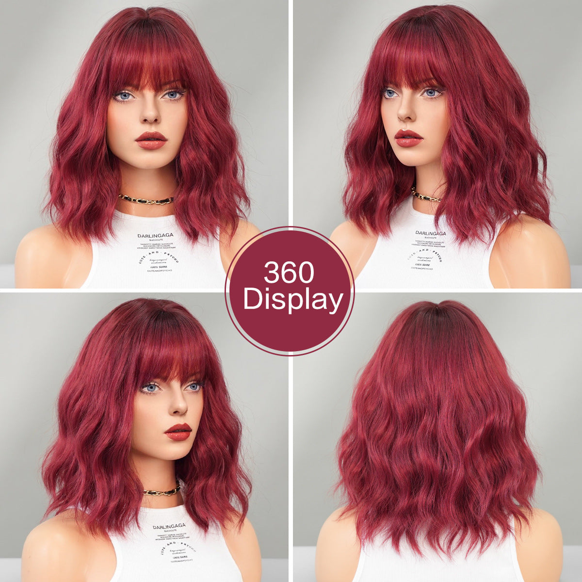 Fashionable burgundy short rolled Liu Hai ripple wig 1024121307