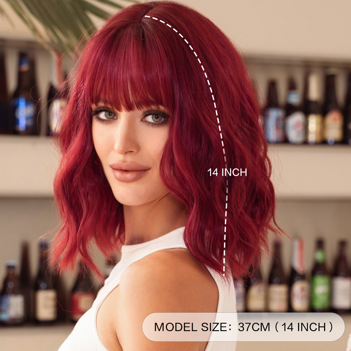 Fashionable burgundy short rolled Liu Hai ripple wig 1024121307