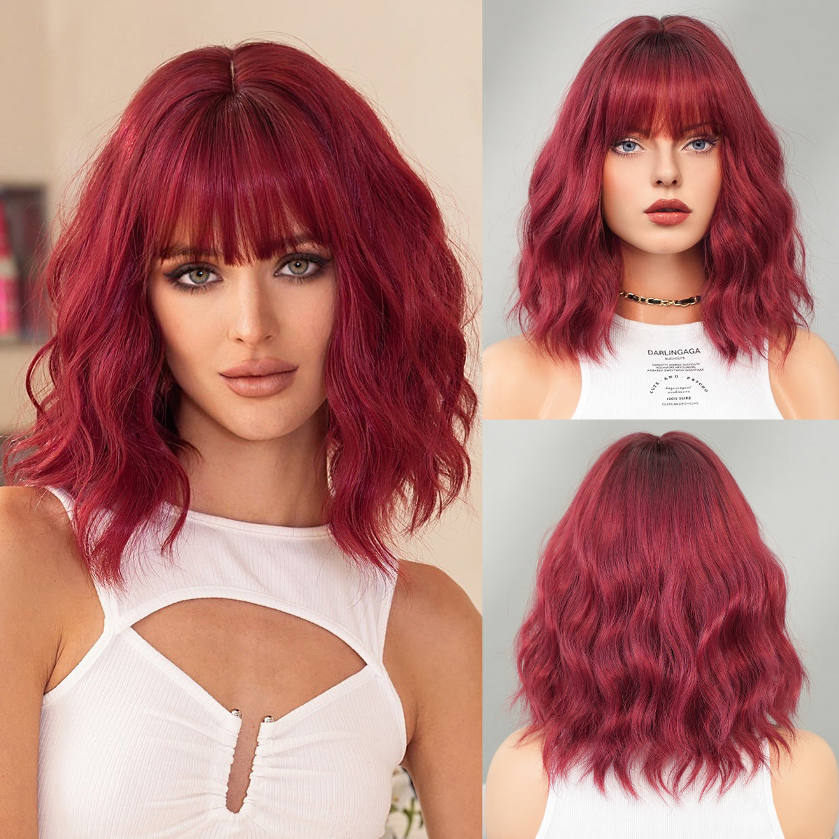 Fashionable burgundy short rolled Liu Hai ripple wig 1024121307