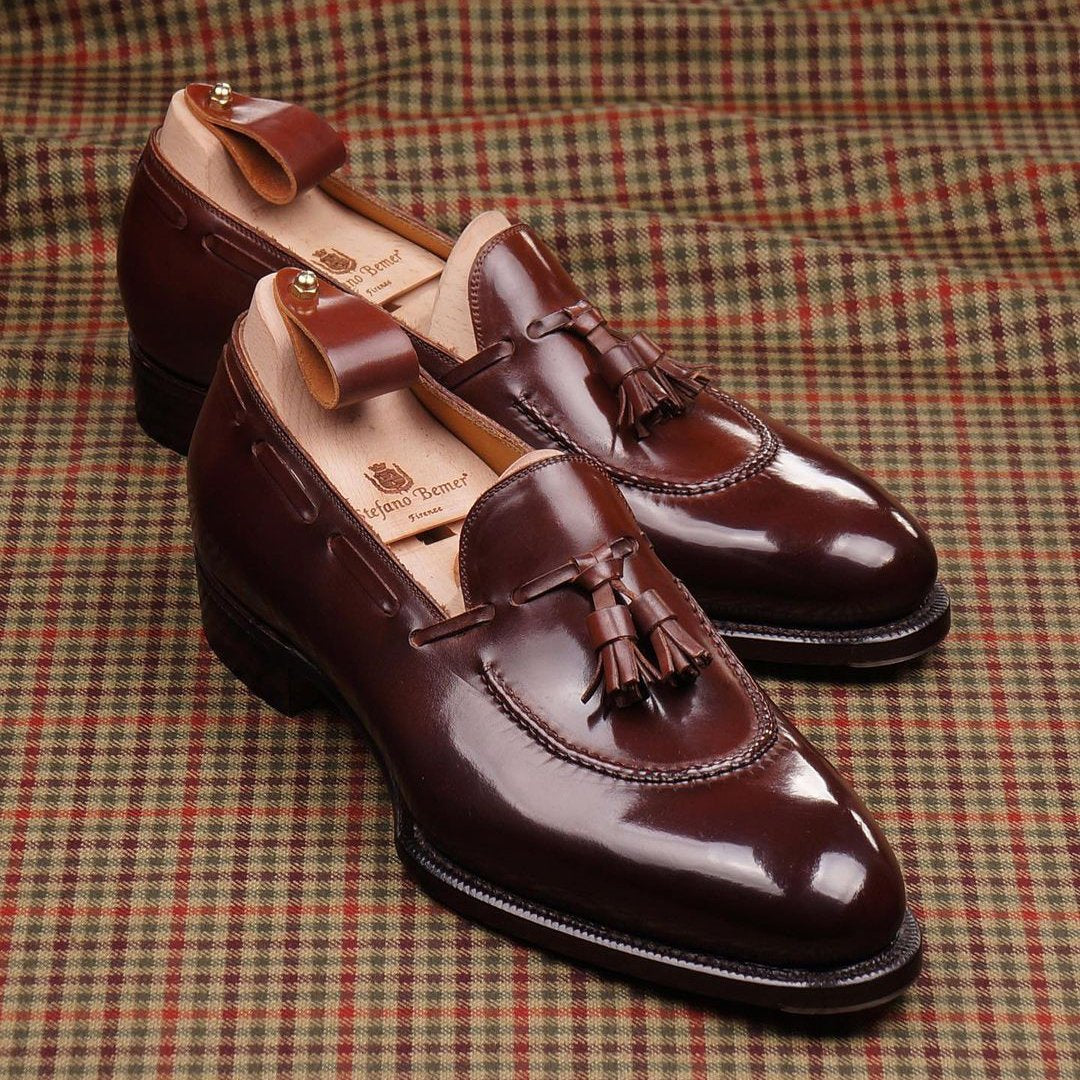 Brown and red shiny classic tassel men's loafers