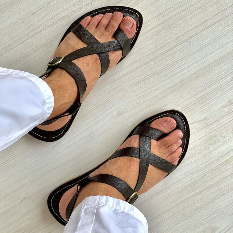 Black Leather Men's Button-Up Sandals