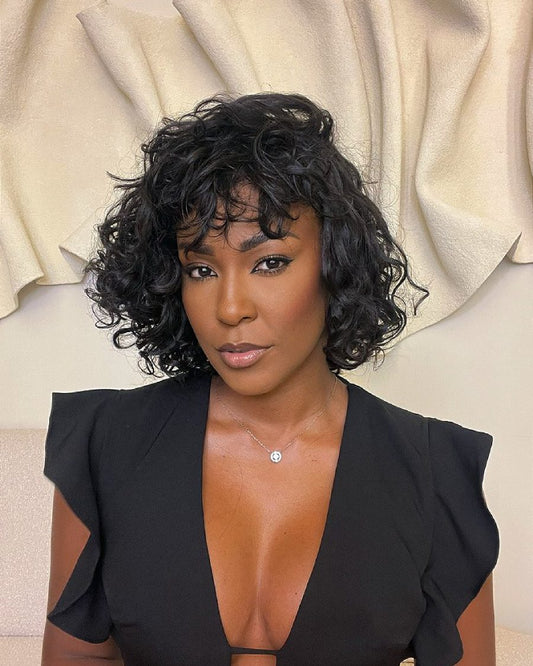 Glueless Natural Balck Short Curly Wig With Bangs