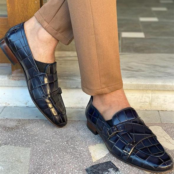 DARK BLUE DOUBLE BUCKLE LOAFERS