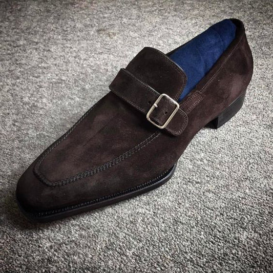 New Handmade Men Brown Suede Monk Formal Dress Shoes