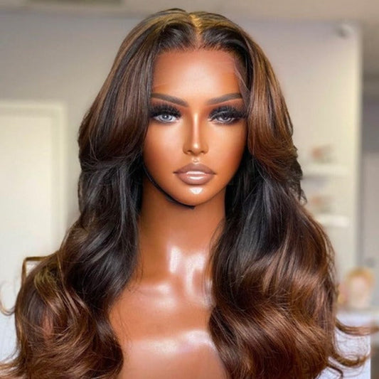 5x5 Lace Closure Curtain Bangs With Rich Honey Brown Ombre Wigs