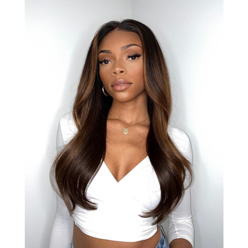 Brown Hair Wig With Caramel Highlights Lace Frontal Wig