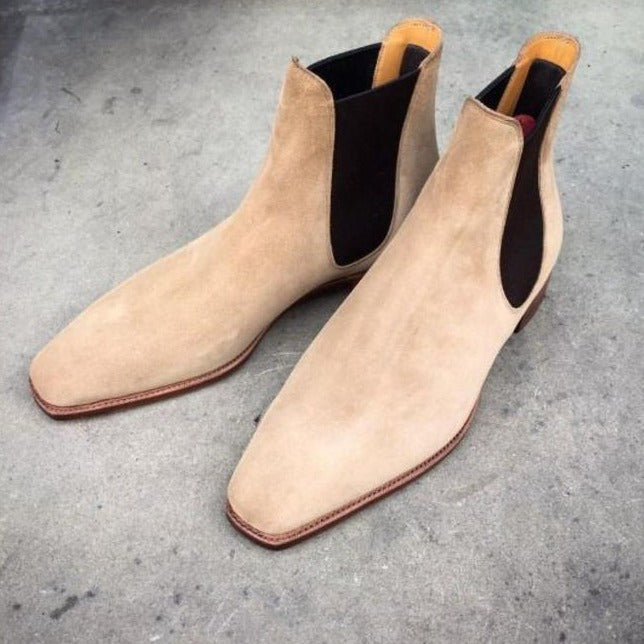 Handmade Beige Chelsea Boots_ Suede Leather Dress Boots