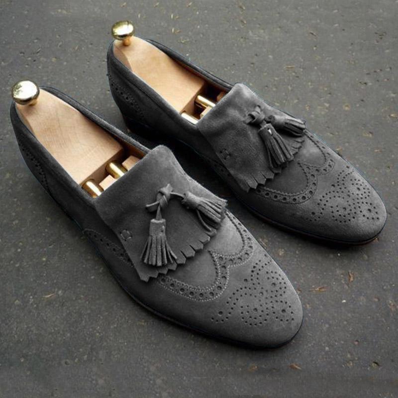 New Handmade Men’s Blue Suede Fringe Slip Ons Loafer Tassel Shoes