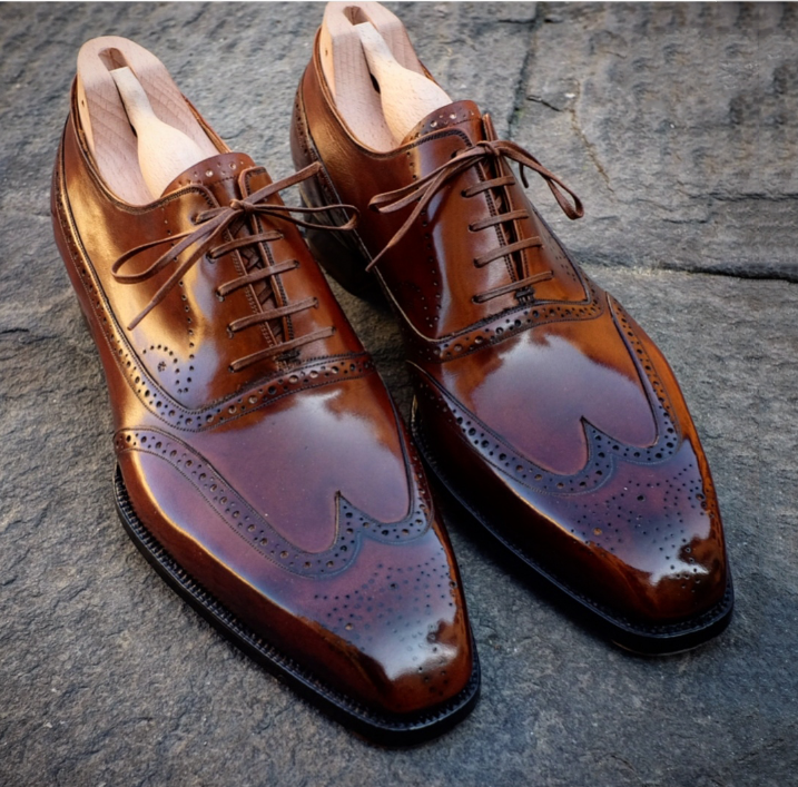 Men's handmade Wing Tip Brogue Brown Leather Shoes