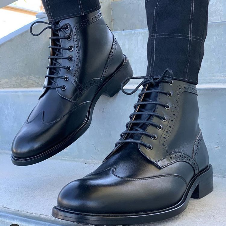 Luxury Men's Black Leather Oxfords Ankle High Lace Up Boot