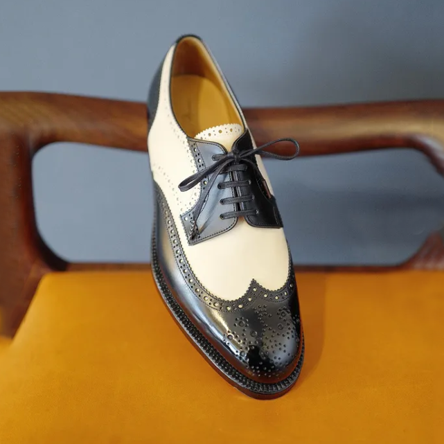 Classic Black&White Pointed Wing Block Premium Leather Oxford Shoes