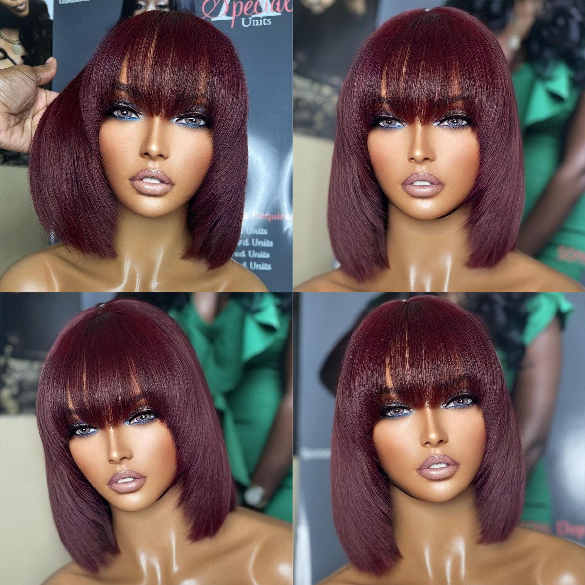 Lace Hair Slit Mechanism Burgundy Bob Wig With Bang