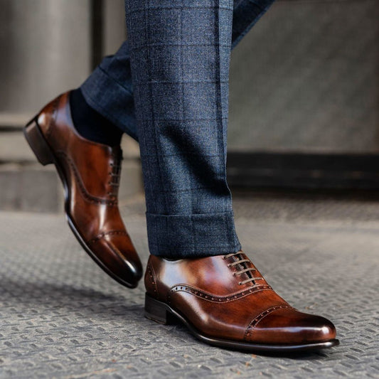 Men's Classic Handmade Shiny Brown Oxford Leather Shoes