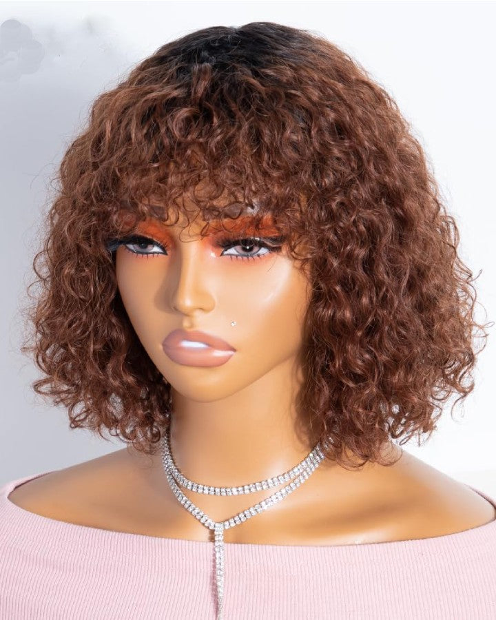 Ocean Wave Chocolate Brown Curly Bangs Wig