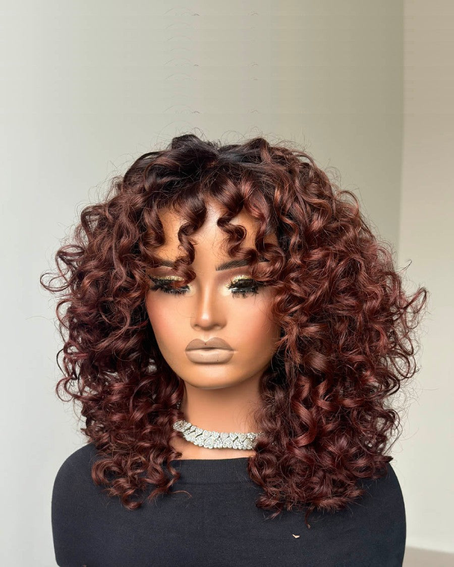 Glueless Ginger Brown Black Hair Root Curly Wig With Bangs