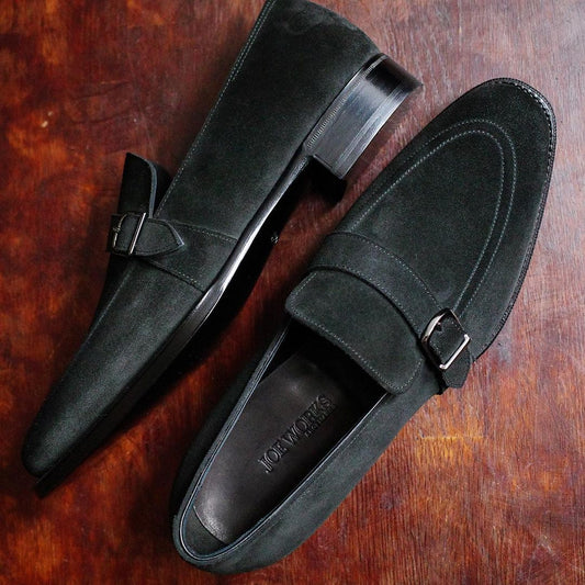 Classic black single buckle moccasin monk shoes