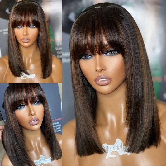 Brown Highlight With Bangs Mechanism Wig