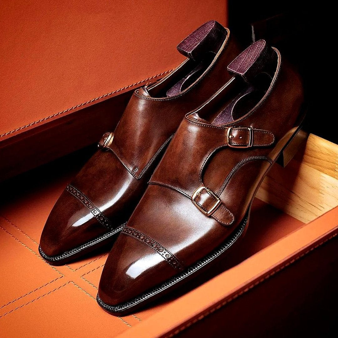 Brown double buckle classic dress men's monk shoes