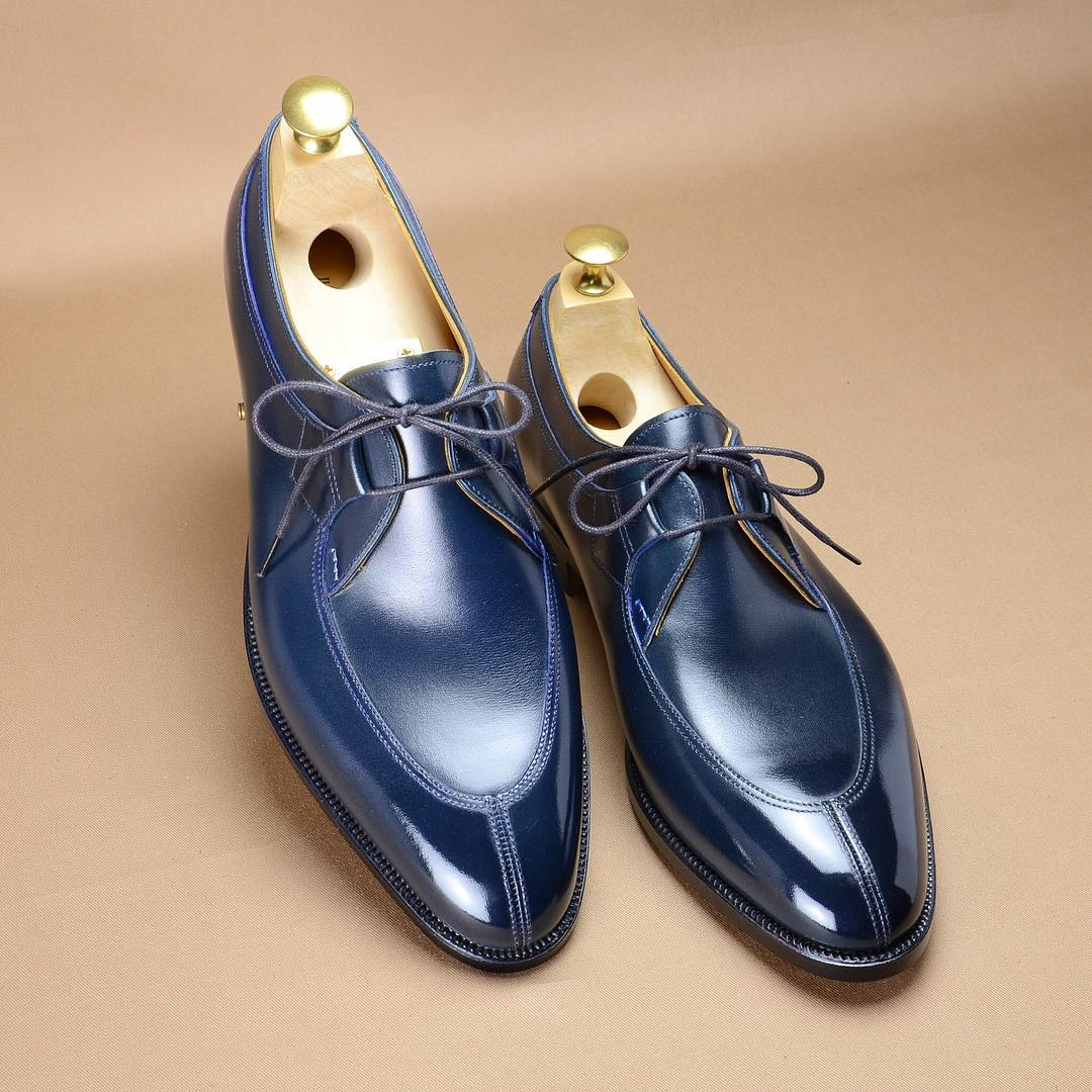 Blue leather classic lace-up handmade dress shoes