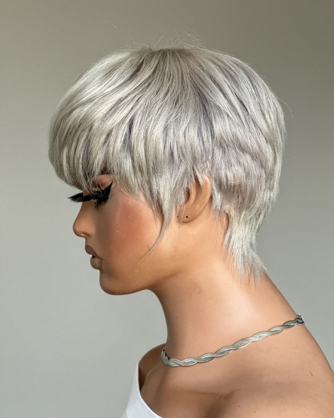 Ash Grey Layered Pixie Cut Glueless Human Hair Wig With Bangs