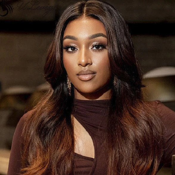 5x5 Lace Closure Curtain Bangs With Rich Honey Brown Ombre Wigs