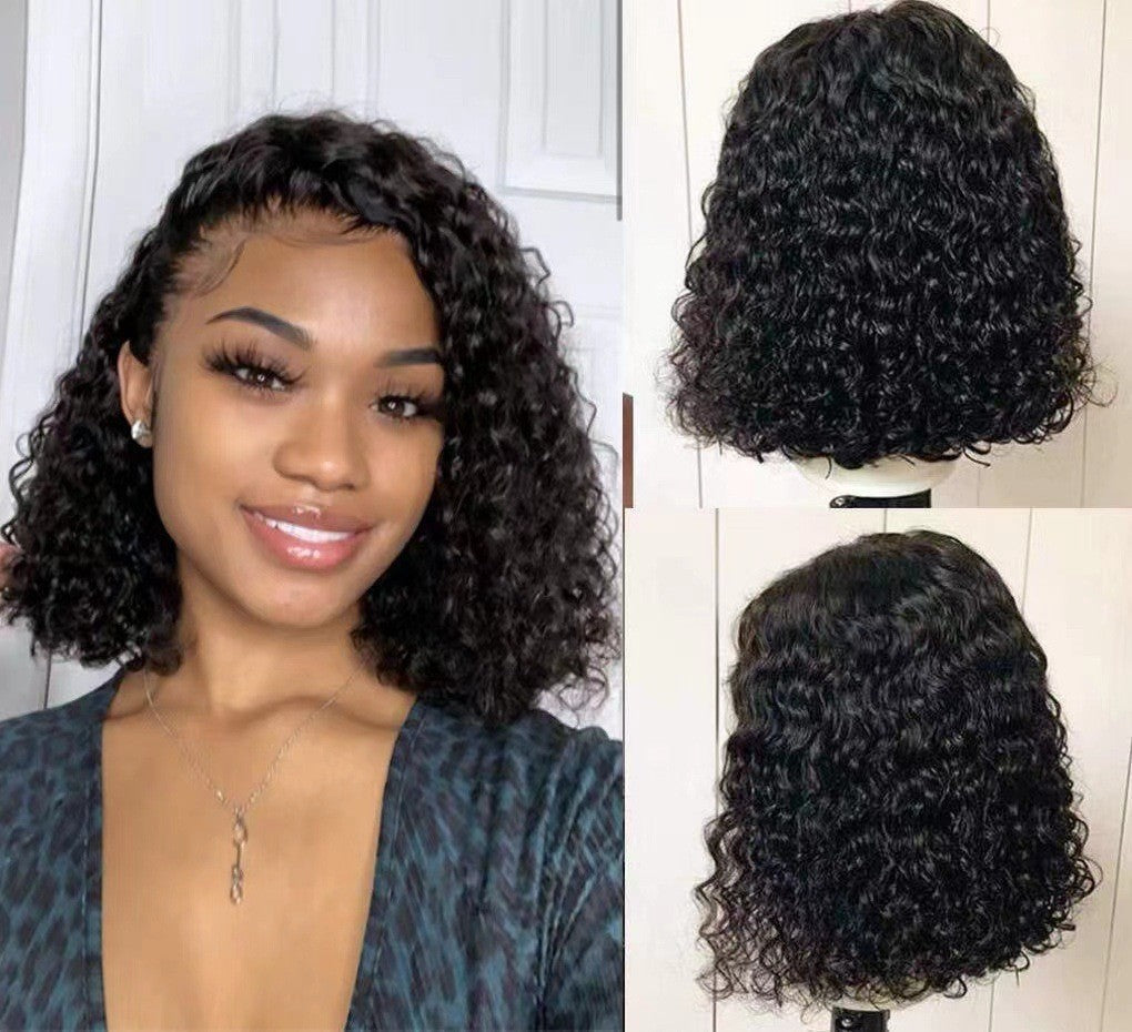 Black center parted short curly hair 1924121001