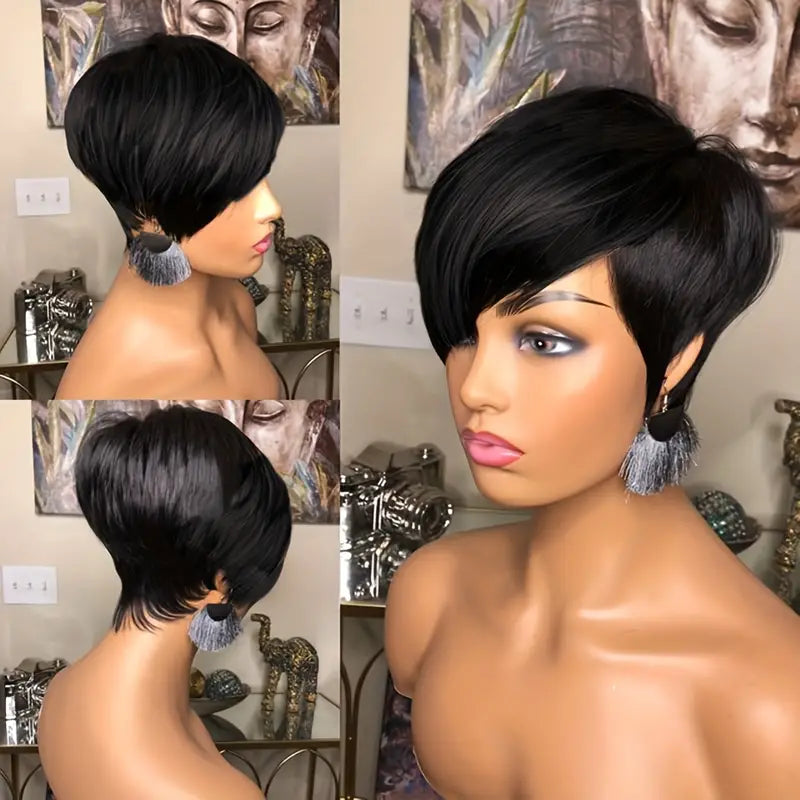 Short Pixie Cut Glueless Human Hair Long Bangs Wig