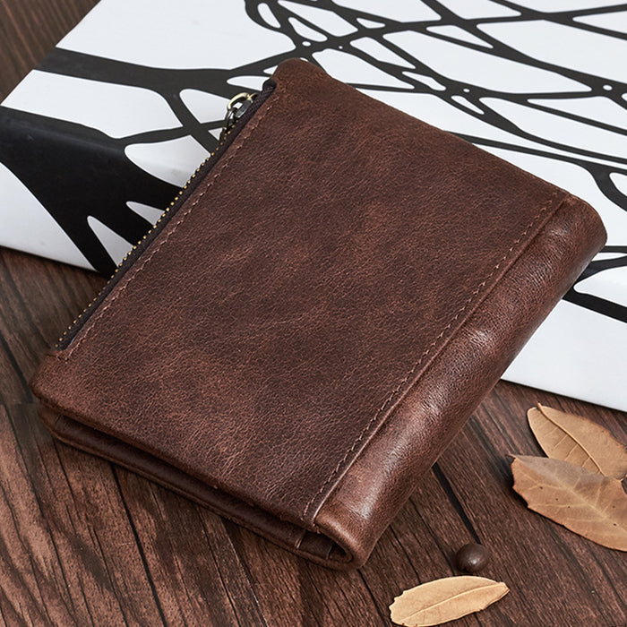 Casual fashion double zipper multi card slot retro coin purse men's genuine leather wallet