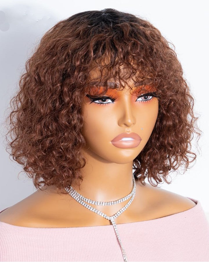 Ocean Wave Chocolate Brown Curly Bangs Wig