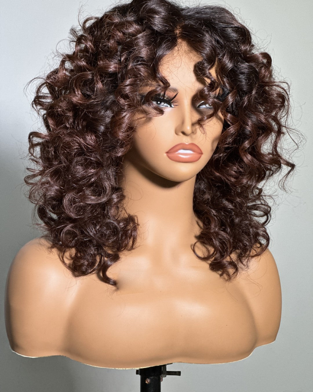 Light Brown Black Hair Root Glueless Curly Bang Wig