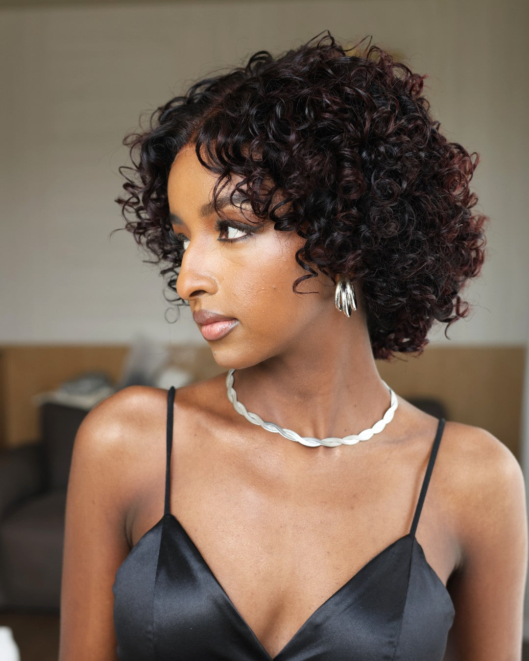 Ombre Reddish Brown Pixie Curly 5x5 Lace Closure Wig With Bangs