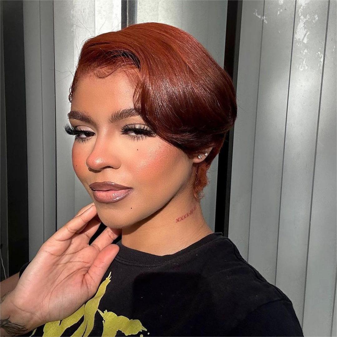 13x4 Lace Frontal Red Brown Pixie Cut Side Long Bangs Wig