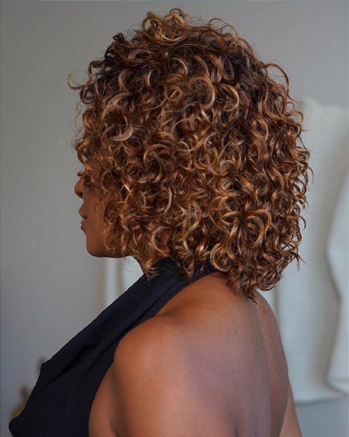 Glueless Brown with Blonde Highlight Color Curly Bob Wig