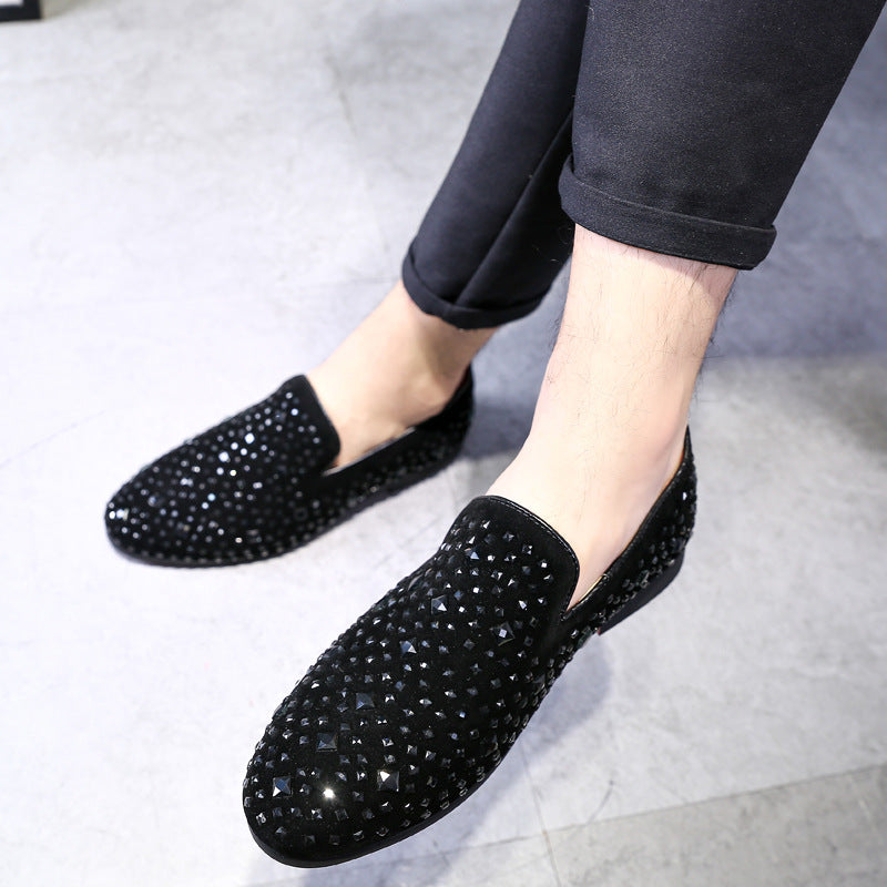 Rhinestone Black Suede Slip On Shoes