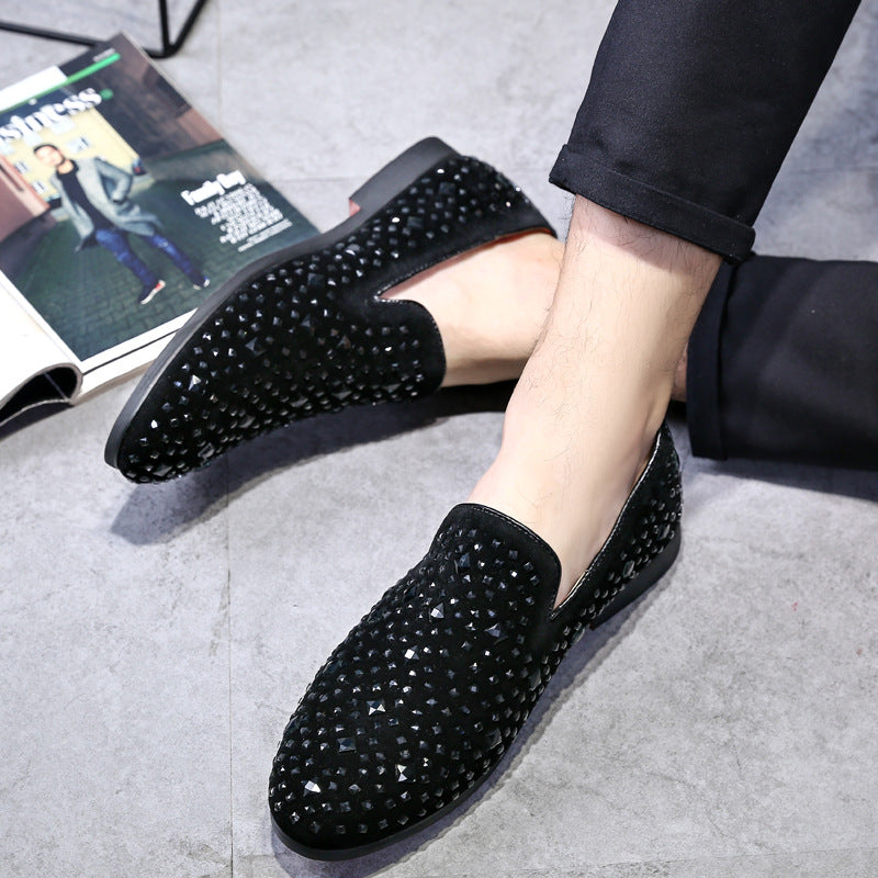 Rhinestone Black Suede Slip On Shoes