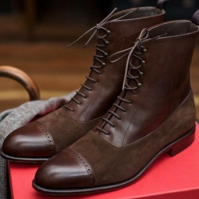 Handmade Men_s Brown Cap Toe Leather & Suede Boots