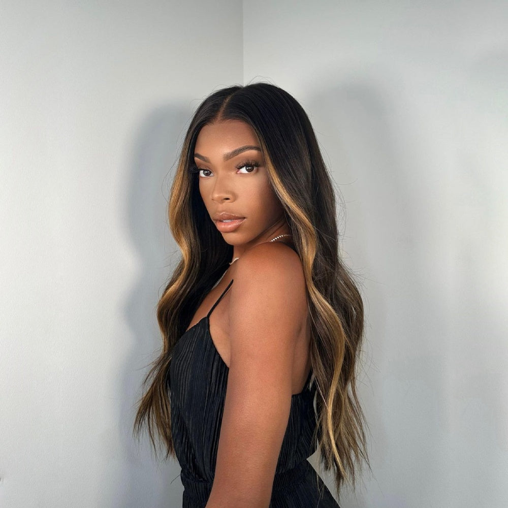 Brown Hair Wig With Caramel Highlights Lace Frontal Wig