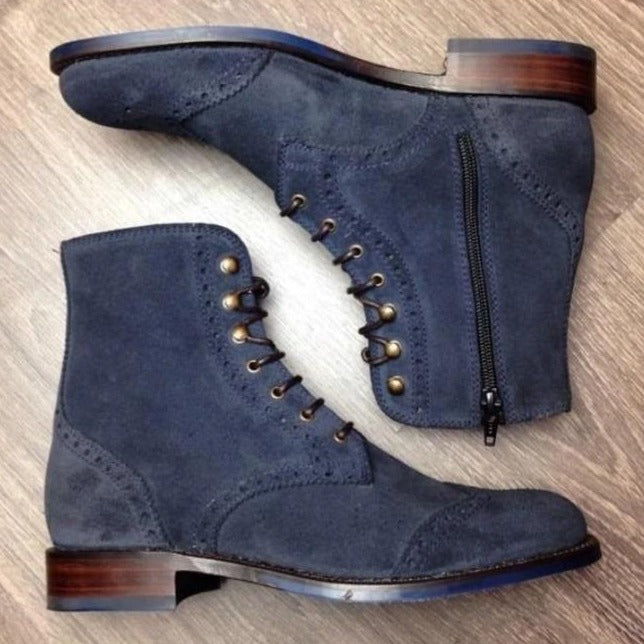 Handmade Men Navy Blue Suede Ankle Zipper Boots