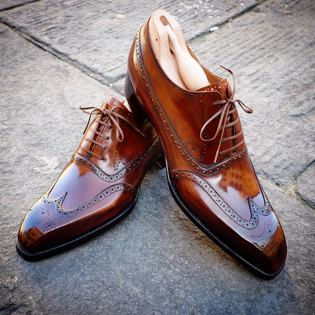 Men's handmade Wing Tip Brogue Brown Leather Shoes