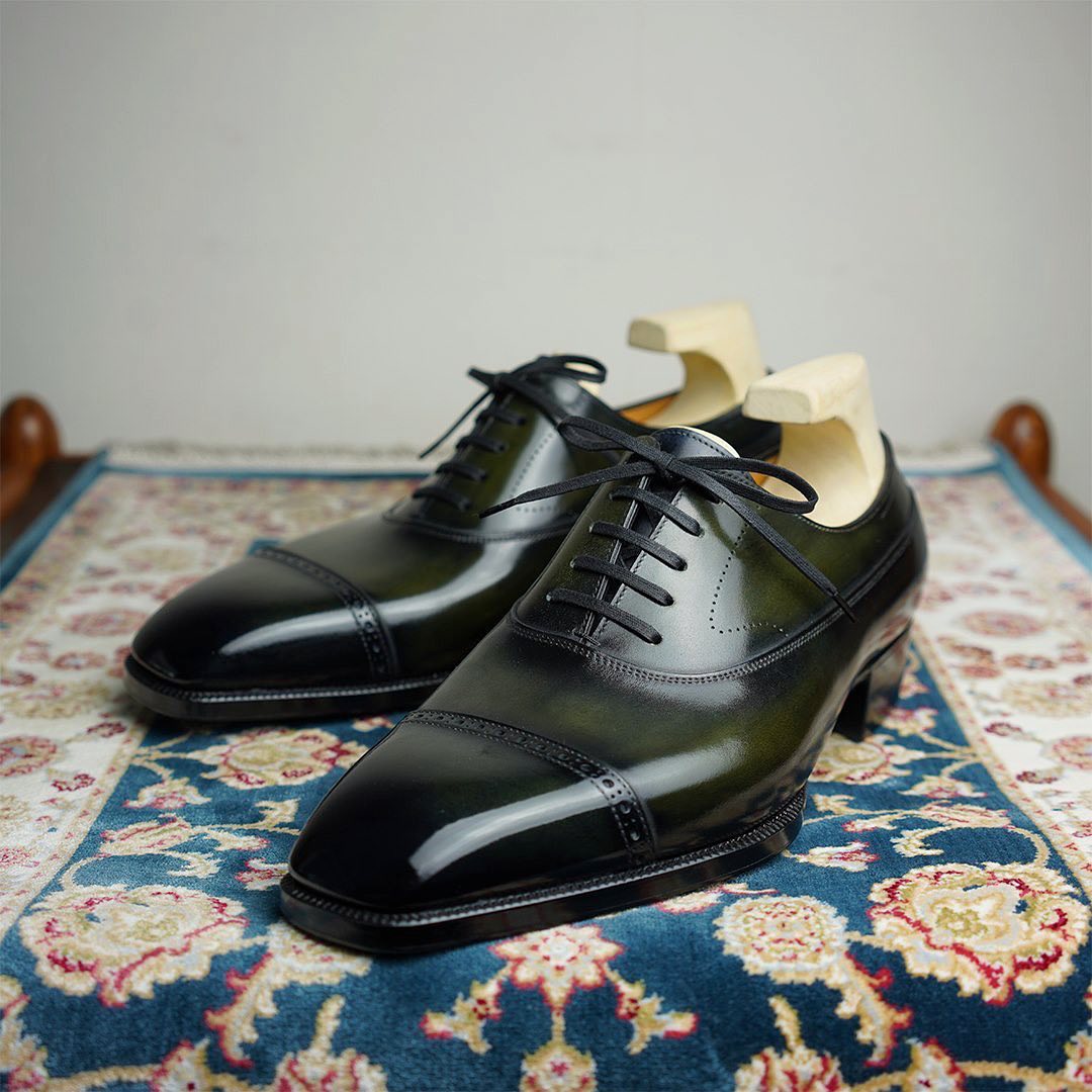 Handmade classic dark green men's Oxford leather shoes