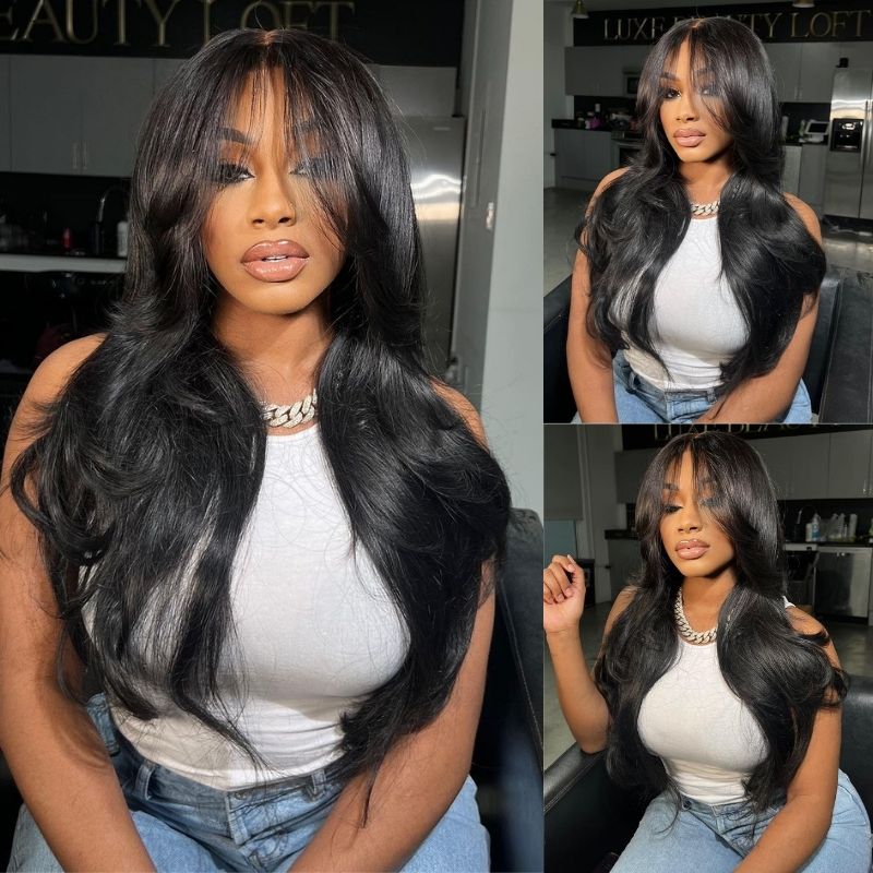 Long Natural Wavy Curtain Bangs Glueless Lace Closure Wig