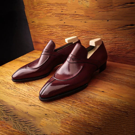 Brown Shiny Round Toe Slip-On Loafers