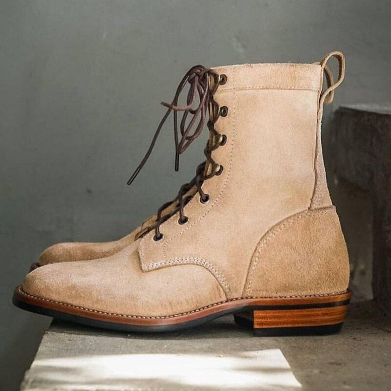 New Men Beige Faux Suede Lace Up Boots