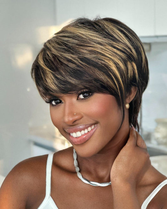 Put On & Go Blonde Highlight Layered Pixie Cut Wig With Bangs